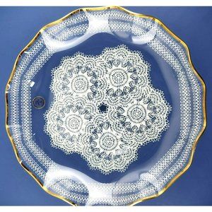 Vintage German Crystal Platter Handcrafted White Etching Doily Pattern Gold Trim